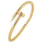 Gold Tone Nail Bracelet – Stainless Steel Hinged Bangle Cuff – Modern Industrial Fashion Jewelry for Women & Men