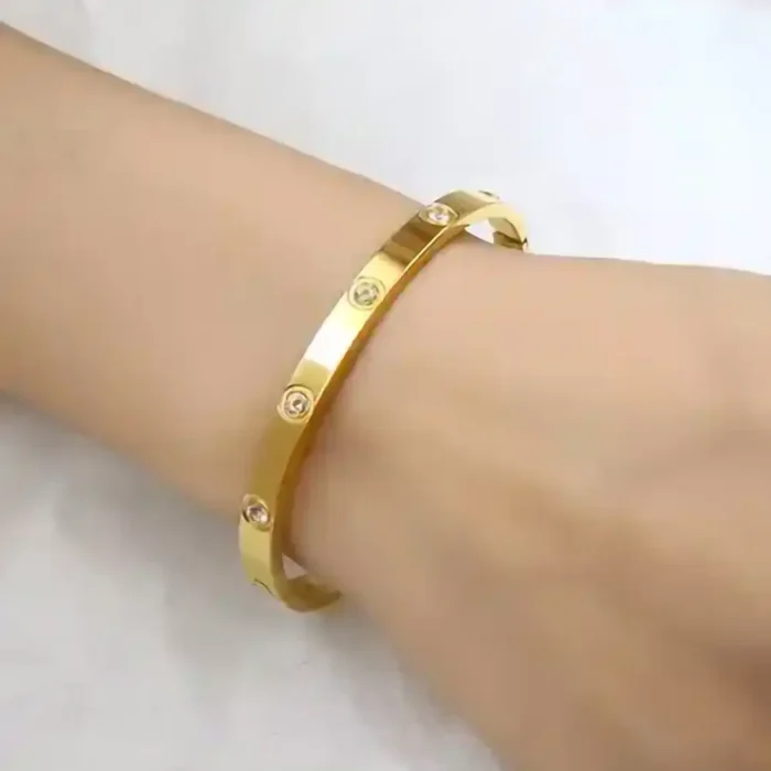Gold Tone Stainless Steel Screw Bangle – Crystal Inset Oval Cuff Bracelet – Classic Modern Fashion Jewelry for Women - Image 4