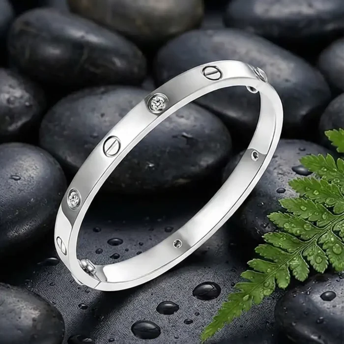 Stainless Steel Screw Bangle – Crystal Inset Oval Cuff Bracelet – Modern Industrial Fashion Jewelry for Women - Image 9