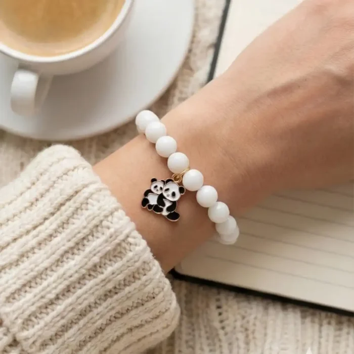 Panda Bear Bracelet – Gold Tone Enamel Charm on White Beaded Stretch Cord – Hypoallergenic Animal Lover Gift for Daughter or Best Friend - Image 12