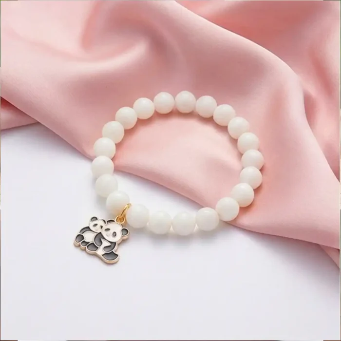 Panda Bear Bracelet – Gold Tone Enamel Charm on White Beaded Stretch Cord – Hypoallergenic Animal Lover Gift for Daughter or Best Friend - Image 5