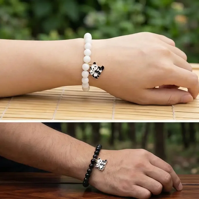 Panda Couple Bracelet Set for Men & Women | Black & White Beaded Bracelets with Stainless Steel Panda Charm | Stretch Bracelet Set | Cute Matching Jewelry Gift - Image 6