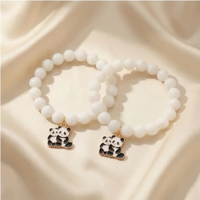 Pack of 2 Stainless Steel Panda Bear Bracelet – Gold Tone Enamel Charm on White Beaded Stretch Cord – Hypoallergenic Animal Lover Gift for Daughter or Best Friend - Image 4