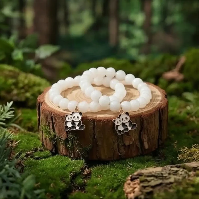Pack of 2 Stainless Steel Panda Bear Bracelet – Gold Tone Enamel Charm on White Beaded Stretch Cord – Hypoallergenic Animal Lover Gift for Daughter or Best Friend - Image 8