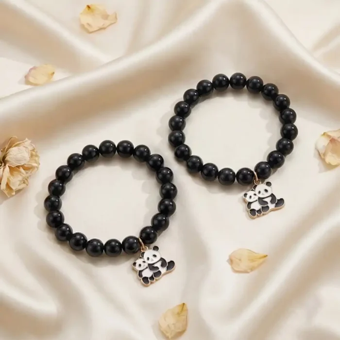 Pack of 2 Black Bead Panda Charm Bracelet for Women & Girls | Stainless Steel Cute Animal Pendant | Stretch Beaded Bracelet | Trendy Everyday Fashion Jewelry Gift - Image 5