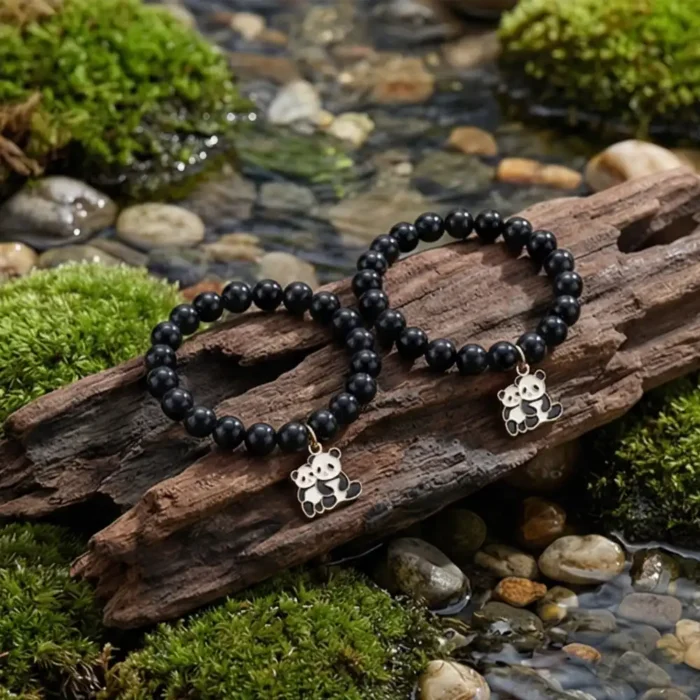 Pack of 2 Black Bead Panda Charm Bracelet for Women & Girls | Stainless Steel Cute Animal Pendant | Stretch Beaded Bracelet | Trendy Everyday Fashion Jewelry Gift - Image 4