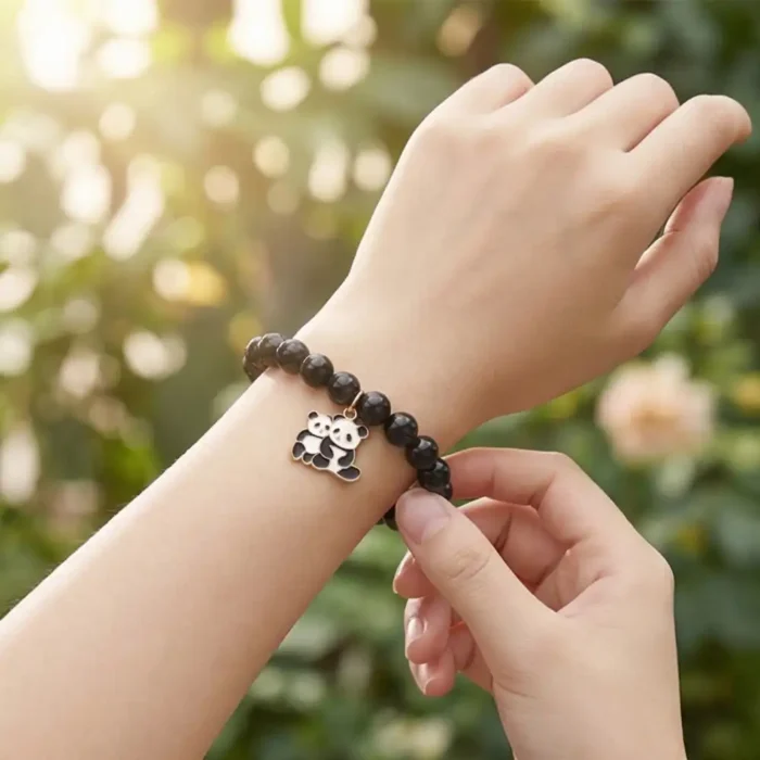 Pack of 2 Black Bead Panda Charm Bracelet for Women & Girls | Stainless Steel Cute Animal Pendant | Stretch Beaded Bracelet | Trendy Everyday Fashion Jewelry Gift - Image 3