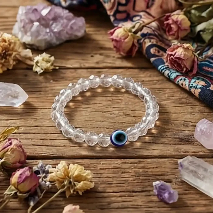 Evil Eye Protection Bracelet for Women & Men | Clear Crystal Beaded Bracelet with Blue Nazar Eye Charm | Stainless Steel Anti-Tarnish Jewelry | Stretch Fit Fashion Accessory - Image 15
