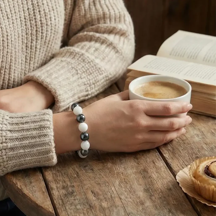 Natural Stone Healing Bracelet | Polished Hematite & White Jade Beads - Image 12