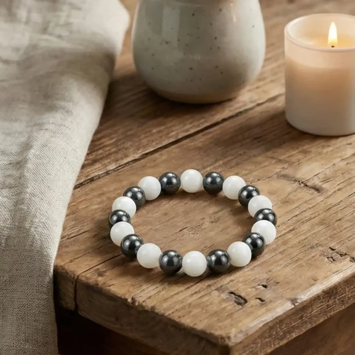 Natural Stone Healing Bracelet | Polished Hematite & White Jade Beads - Image 2