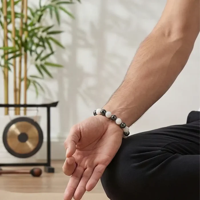 Natural Stone Healing Bracelet | Polished Hematite & White Jade Beads - Image 10