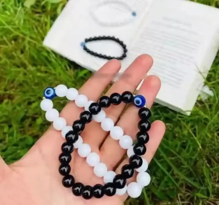 2Pcs Evil Eye Bracelets for Couples – Black Matte Agate & White Howlite Beads – Matching Distance Protection Jewelry Set for Him and Her - Image 3