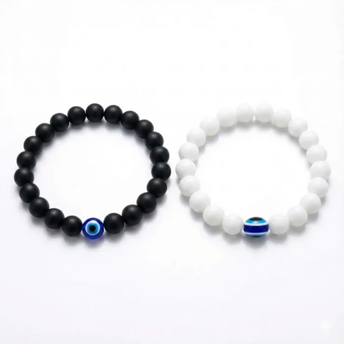 2Pcs Evil Eye Bracelets for Couples – Black Matte Agate & White Howlite Beads – Matching Distance Protection Jewelry Set for Him and Her - Image 2