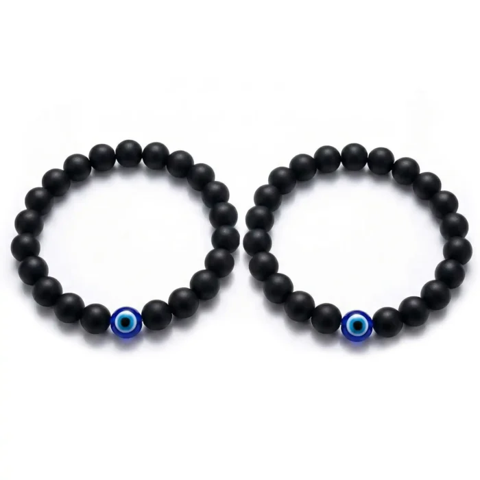 2Pcs Evil Eye Bracelets for Men & Women – Glossy [Black Obsidian/Onyx] Beads – Matching Protection Amulet Jewelry Set for Couples - Image 3
