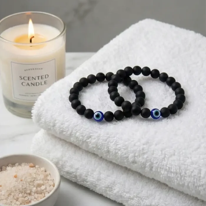 2Pcs Evil Eye Bracelets for Men & Women – Glossy [Black Obsidian/Onyx] Beads – Matching Protection Amulet Jewelry Set for Couples - Image 10