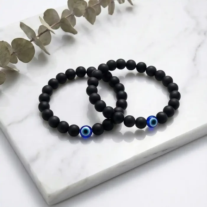 2Pcs Evil Eye Bracelets for Men & Women – Glossy [Black Obsidian/Onyx] Beads – Matching Protection Amulet Jewelry Set for Couples - Image 7
