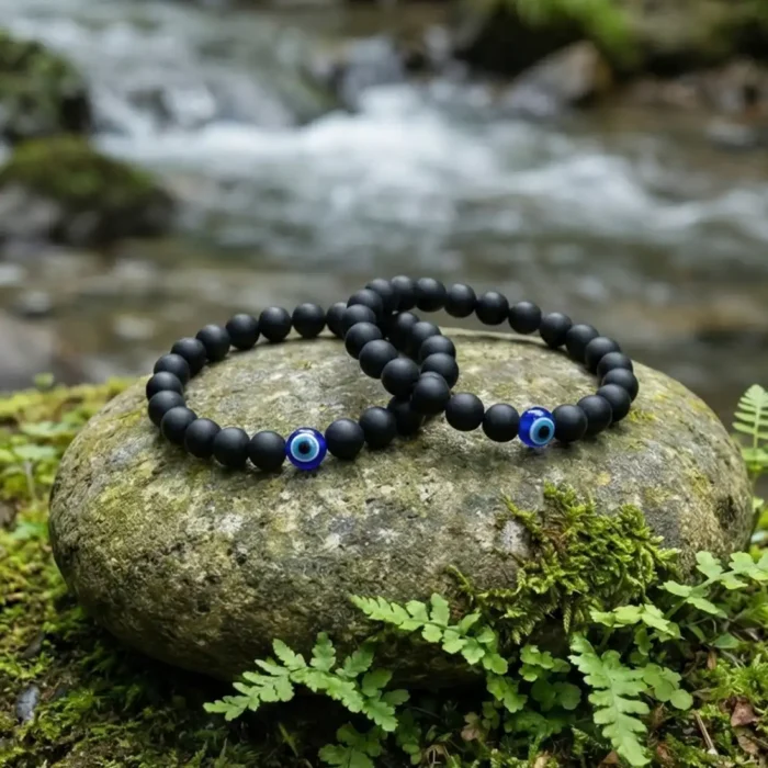 2Pcs Evil Eye Bracelets for Men & Women – Glossy [Black Obsidian/Onyx] Beads – Matching Protection Amulet Jewelry Set for Couples - Image 5