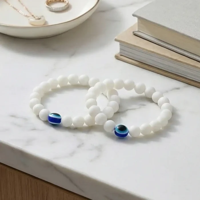 2Pcs White Evil Eye Bracelets for Women & Men – Natural White Howlite Stone Beads – Matching Protection Amulet Jewelry Set for Couples - Image 10