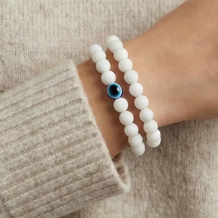 2Pcs White Evil Eye Bracelets for Women & Men – Natural White Howlite Stone Beads – Matching Protection Amulet Jewelry Set for Couples - Image 6