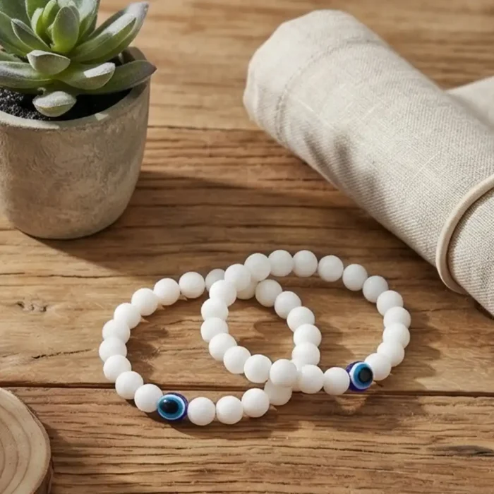 2Pcs White Evil Eye Bracelets for Women & Men – Natural White Howlite Stone Beads – Matching Protection Amulet Jewelry Set for Couples - Image 5