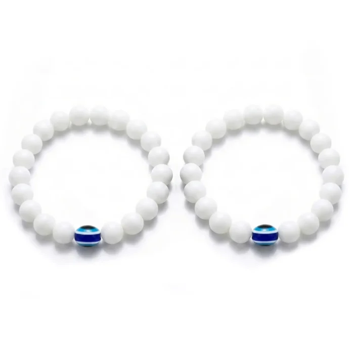 2Pcs White Evil Eye Bracelets for Women & Men – Natural White Howlite Stone Beads – Matching Protection Amulet Jewelry Set for Couples - Image 3