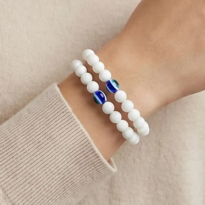 2Pcs White Evil Eye Bracelets for Women & Men – Natural White Howlite Stone Beads – Matching Protection Amulet Jewelry Set for Couples - Image 14