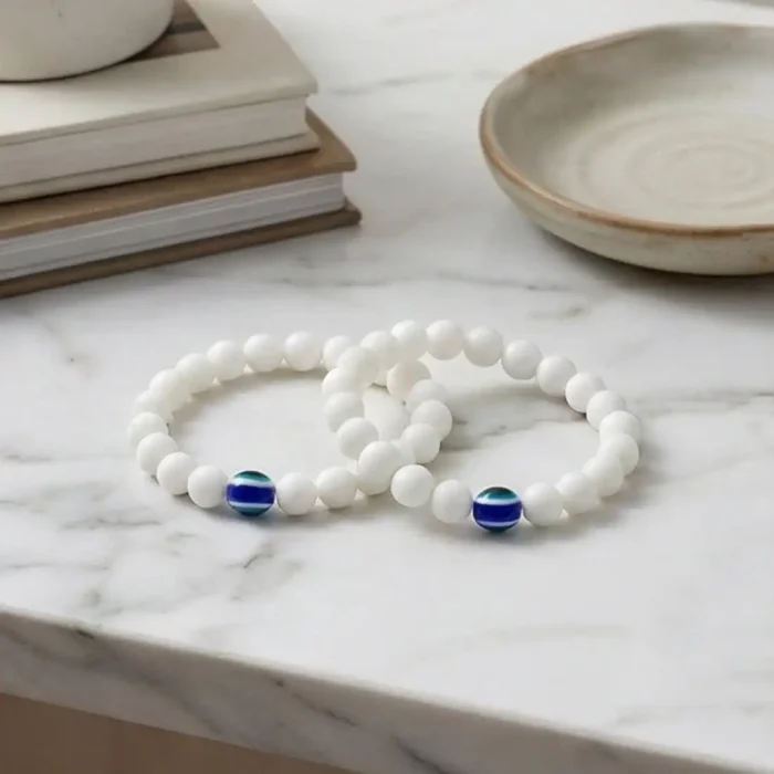 2Pcs White Evil Eye Bracelets for Women & Men – Natural White Howlite Stone Beads – Matching Protection Amulet Jewelry Set for Couples - Image 13
