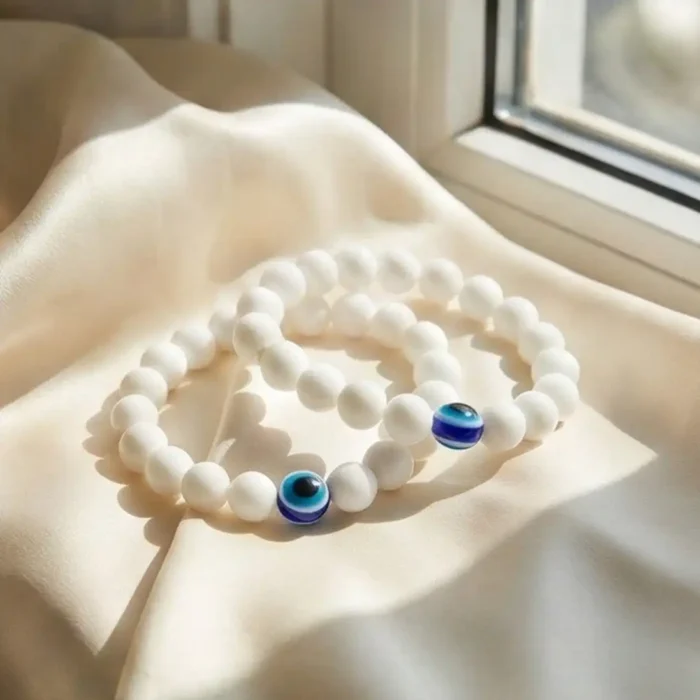 2Pcs White Evil Eye Bracelets for Women & Men – Natural White Howlite Stone Beads – Matching Protection Amulet Jewelry Set for Couples - Image 12