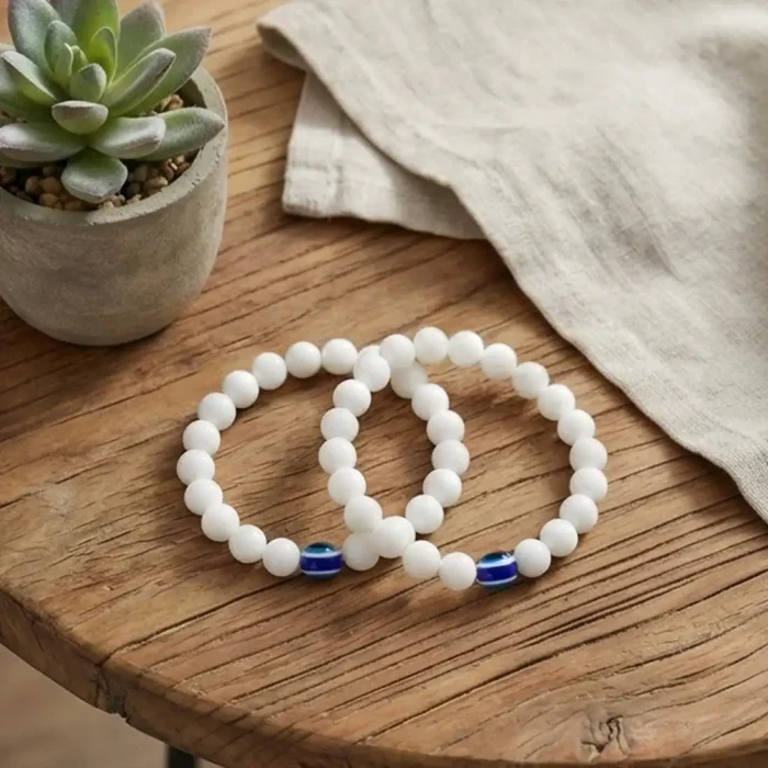 2Pcs White Evil Eye Bracelets for Women & Men – Natural White Howlite Stone Beads – Matching Protection Amulet Jewelry Set for Couples - Image 11