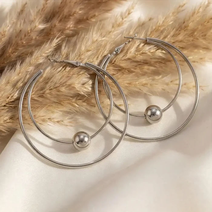 Stainless Steel Double Hoop Earrings – Silver Tone Layered Circle Design with Metal Bead – Modern Geometric Minimalist Jewelry for Women - Image 6
