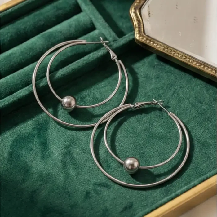 Stainless Steel Double Hoop Earrings – Silver Tone Layered Circle Design with Metal Bead – Modern Geometric Minimalist Jewelry for Women - Image 4
