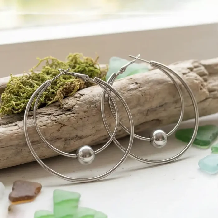 Stainless Steel Double Hoop Earrings – Silver Tone Layered Circle Design with Metal Bead – Modern Geometric Minimalist Jewelry for Women - Image 3