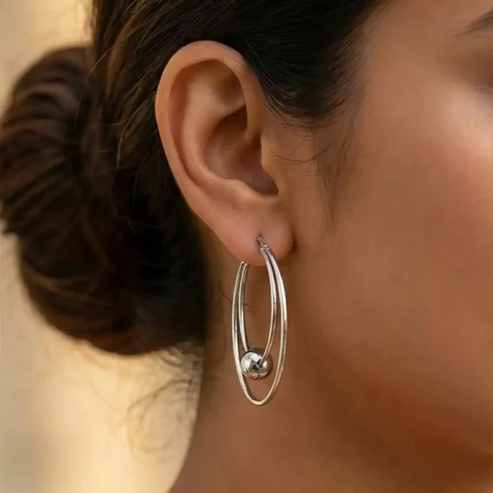Stainless Steel Double Hoop Earrings – Silver Tone Layered Circle Design with Metal Bead – Modern Geometric Minimalist Jewelry for Women - Image 9