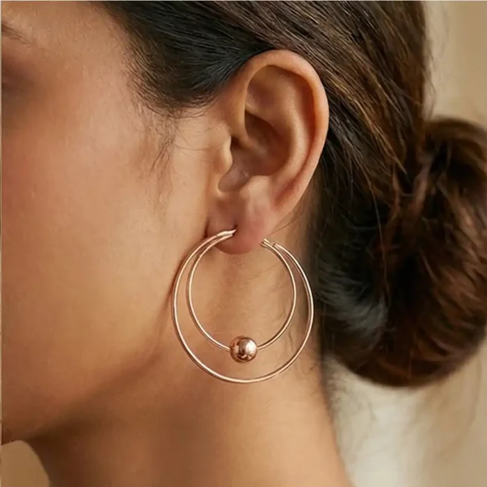 Stainless Steel Double Hoop Earrings – Gold-Tone Layered Circle Design with Metal Bead – Modern Geometric Minimalist Jewelry for Women - Image 3