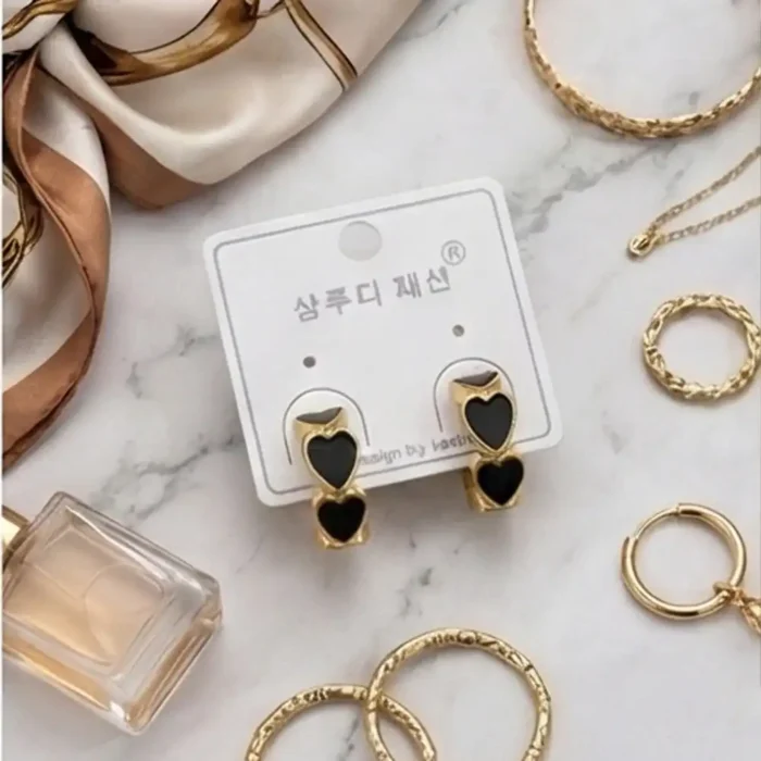 Black Heart Hoop Earrings for Women – 18K Gold Plated Stainless Steel Huggie Hoops – Hypoallergenic Triple Heart Dainty Earrings – Cute Black Enamel Jewelry Gift for Her, Teens & Girls - Image 6