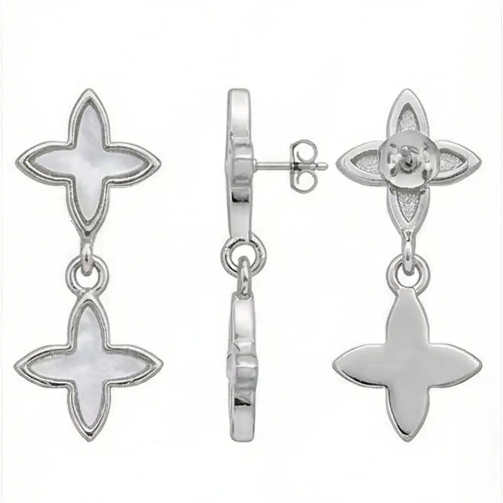 E52 Stainless Steel Double Four Leaf Clover Earrings – Silver Tone White Mother of Pearl Shell Drop Earrings – Hypoallergenic Lucky Flower Dangle Jewelry for Women & Girls - Image 1