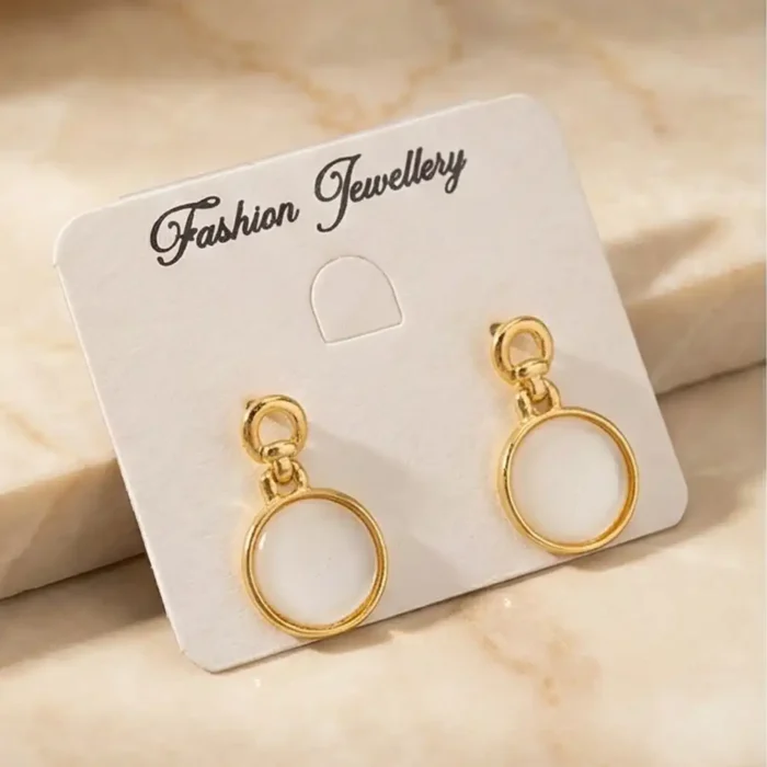 White Round Drop Earrings for Women – Gold Plated Stainless Steel Dangle Earrings – Hypoallergenic, Elegant Everyday Jewelry - Image 2