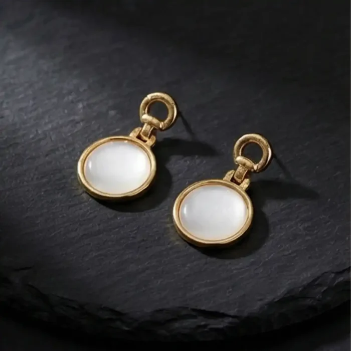 White Round Drop Earrings for Women – Gold Plated Stainless Steel Dangle Earrings – Hypoallergenic, Elegant Everyday Jewelry - Image 9