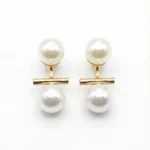 Double Pearl Drop Earrings for Women – Gold Plated Stainless Steel Bar Earrings – Hypoallergenic Fashion Jewelry