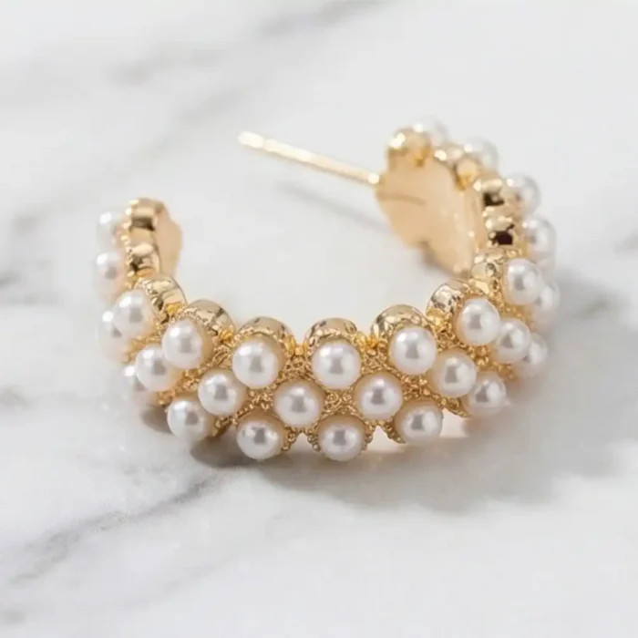 Pearl Hoop Earrings for Women – Gold Plated Stainless Steel Half Hoops – Lightweight Party Jewelry - Image 3