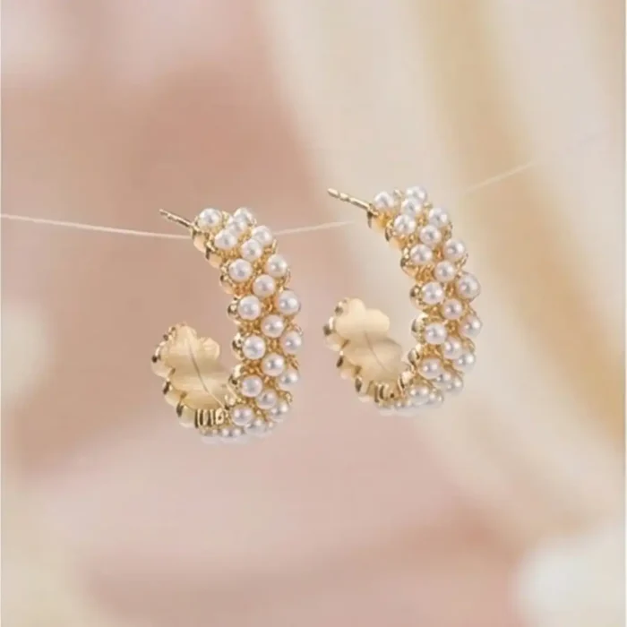Pearl Hoop Earrings for Women – Gold Plated Stainless Steel Half Hoops – Lightweight Party Jewelry - Image 13