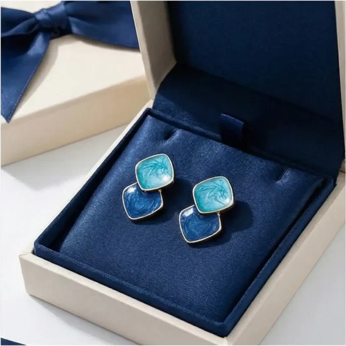 Blue Enamel Geometric Diamond Shape Stud Earrings | Costozon Fine Jewelry - Image 4