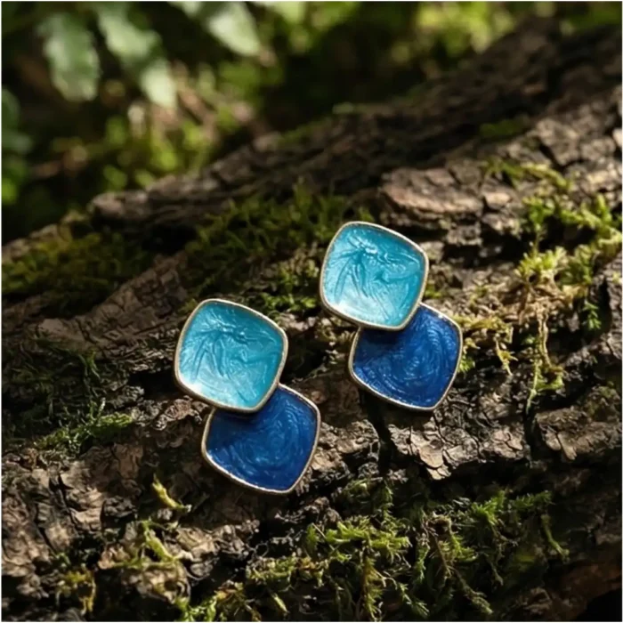 Blue Enamel Geometric Diamond Shape Stud Earrings | Costozon Fine Jewelry - Image 2