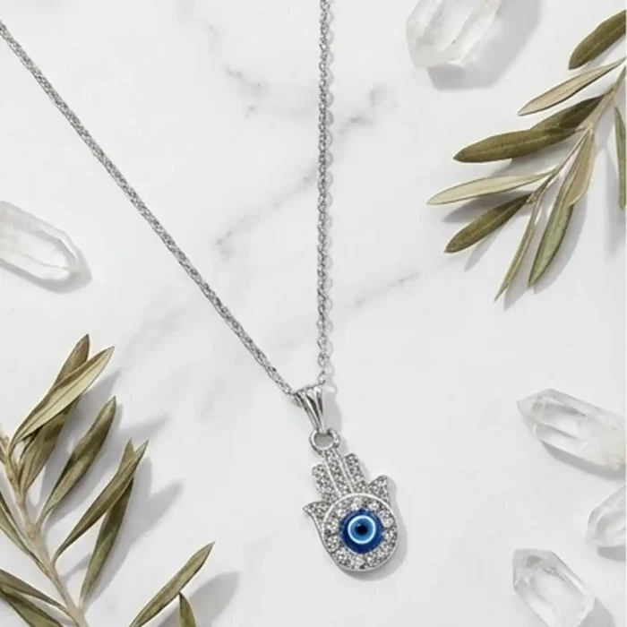 Protective Hamsa Hand Necklace - Silver Blue Evil Eye Talisman Jewelry - Dainty Hamsa & Nazar Eye Pendant - Image 4