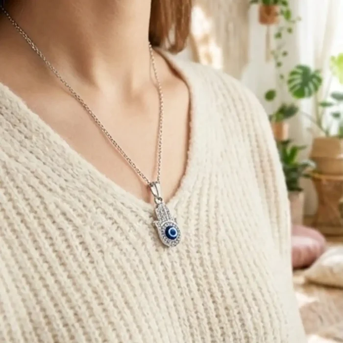 Protective Hamsa Hand Necklace - Silver Blue Evil Eye Talisman Jewelry - Dainty Hamsa & Nazar Eye Pendant - Image 3