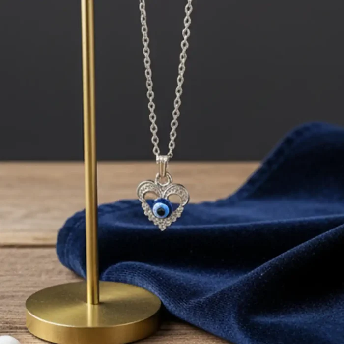 Silver Heart Evil Eye Pendant Necklace with Sparkling Crystals – Protective Love Amulet - Image 9