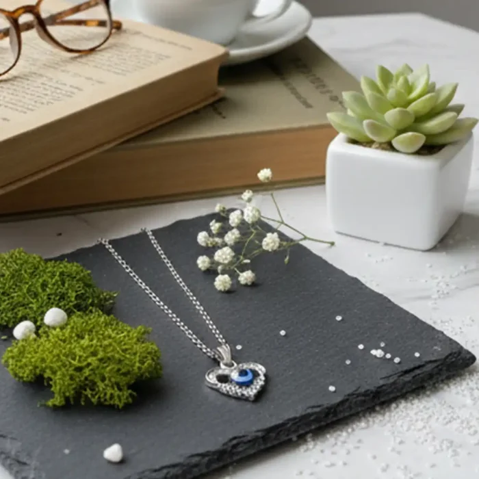 Silver Heart Evil Eye Pendant Necklace with Sparkling Crystals – Protective Love Amulet - Image 5