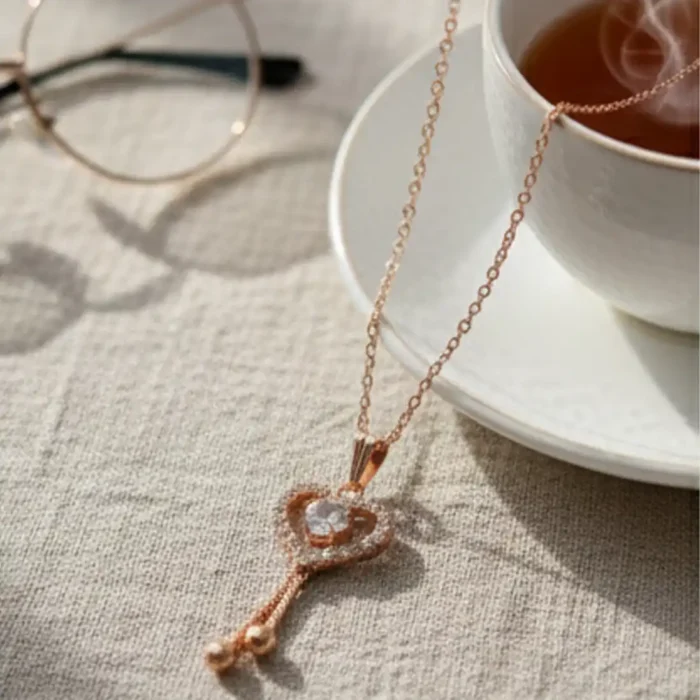 Rose Gold Heart Necklace – Sparkling Halo Pendant with Dangle Chain Tassels - Image 4