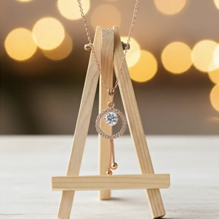 Halo Cubic Zirconia Circle Pendant with Hanging Chains in Rose Gold - Image 6