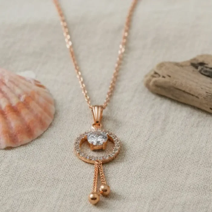 Halo Cubic Zirconia Circle Pendant with Hanging Chains in Rose Gold - Image 4